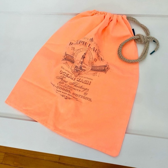 Neon Peach Ralph Lauren Nautical Ocean Wash Cotton & Rope Drawstring Bag - Picture 1 of 5